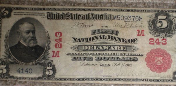 First National Bank of Delaware Red Seal VF Five Dollar Bill 1902