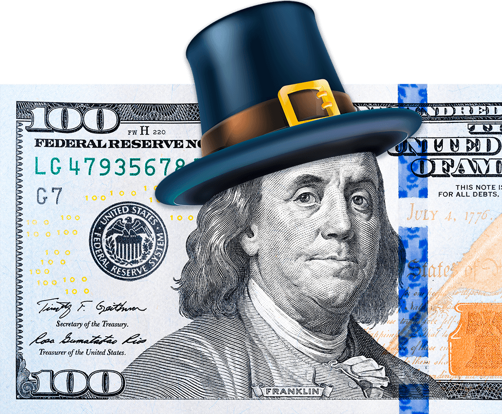 Ben Franklin wearing a pilgrim hat. Happy Thanksgiving!