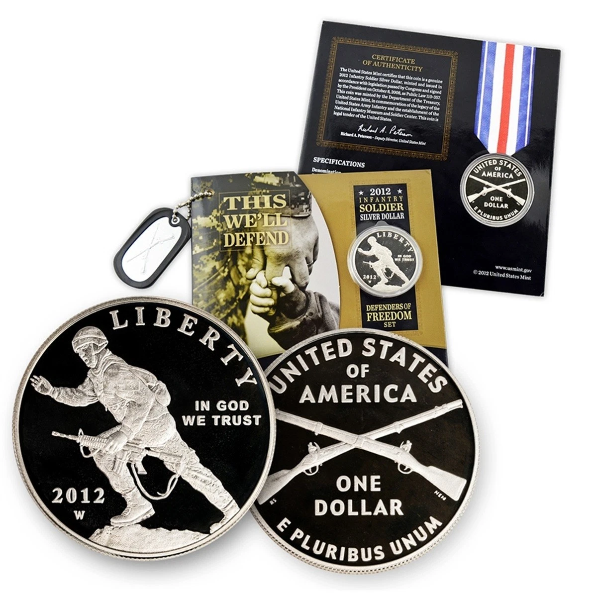 2012-W Infantry Soldier Defenders Of Freedom Set Silver Proof Dollar With Dog Tag - Image 2