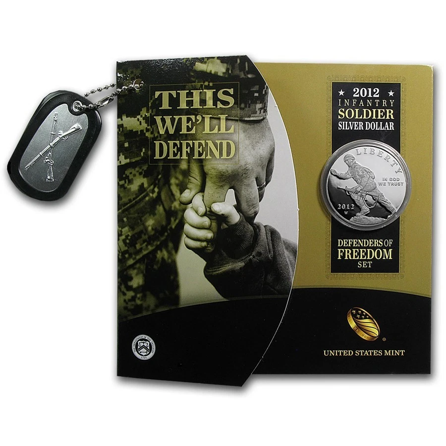 2012-W Infantry Soldier Defenders Of Freedom Set Silver Proof Dollar With Dog Tag