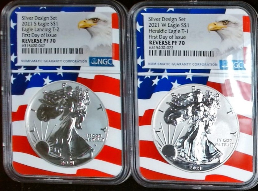 2021 W SAE Silver Design Set T-1 & T-2 NGC Reverse PF 70 - Fist Day Of Issue